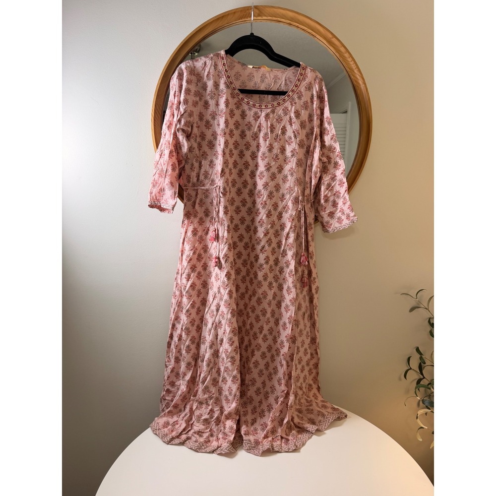 Avaasa Midi Dress Womens XXL Pink Excellent Floral Block Print Tassel Boho